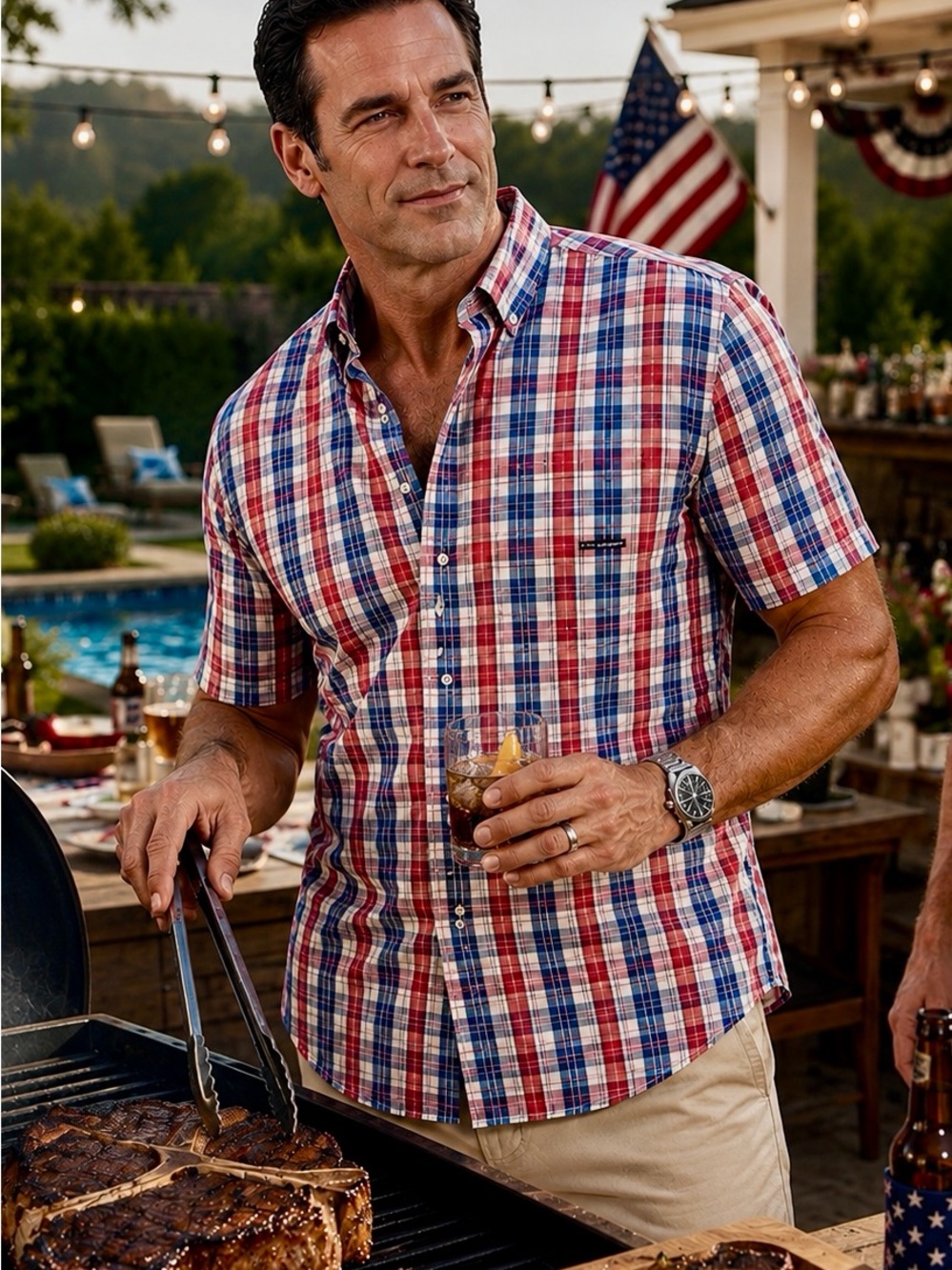 Faconnable Red White Blue 🇺🇸 Plaid Short Sleeve Button Front Shirt Men’s XL